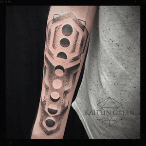 Geometric moon phases tattoo, forearm tattoo, black and grey, dotwork. 