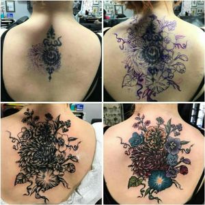 Cover up done by Tanya saueressig nevin. #coveruptattoo #coverup #flowertattoo #flowers #floral #backtattoo #colortattoo #wildflowers 