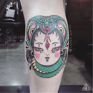 Tattoo by Mika Baby #MikaBaby #favoritetattoos #color #illustrative #newschool #lady #ladyhead #fire #snake #reptile #portrait #eyes #serpent