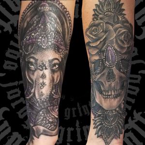 Ganesha and skull I did last week. Front side back side of a forearm which is the start start to a full sleeve #blackandgreytattoo #elephant #elephanttattoo #ganeshtattoo #ganesha #skulltattoo #gem #beads 