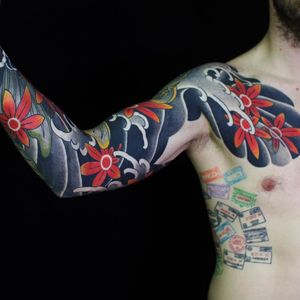 Tattoo by Sergey Buslay #SergeyBuslay #tattoodoambassador #Japanese #irezumi #clouds #waves #leaves #mapleleaves #fall #nature