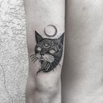 Tattoo by Marlon M Toney #MarlonMToney #favoritetattoos #illustrative #blackwork #cat #thirdeye #demon #strange #moon #animal