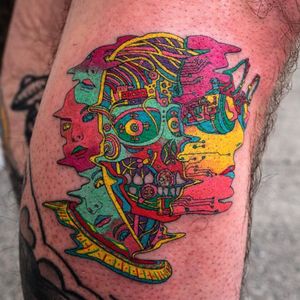 Tattoo by Julian Llouve #JulianLlouve #favoritetattoos #color #illustrative #cyberpunk #skull #portrait #eyes #surreal #scifi #circuitboards #pattern #robot