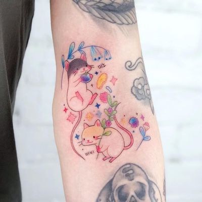 Tattoo by Niki Sugaa #Nikisugaa #favoritetattoos #color #watercolor #fineline #illustrative #newschool #mouse #mice #flowers #stars #leaves #cute #sparkles #animals