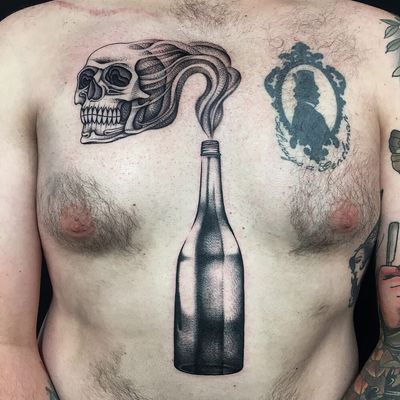 Tattoo by Monkey Bob Tattoo #Monkeybob #favoritetattoos #blackwork #illustrative #skull #death #bottle #glass #smoke #alcohol #drink