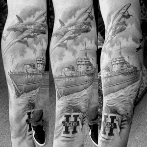 WWII city of Hamilton memorial tattoo half sleeve forearm fineline black and grey