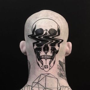 If death tripped on Acid. Tattoo by Louis Loveless #louisloveless #blackandgreytattoos #blackwork #Linework #illustrative #graphicart #popart #skull #death #smileyface #acid #trippy #glitch #psychedelic