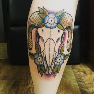 Ram skull, flowers with colour 