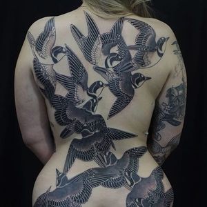 Birds of a feather. Tattoo by Victor J Webster #VictorJWebster #blackandgreytattoos #birds #feathers #wings #backpiece #illustrative #backtattoo #animal #nature