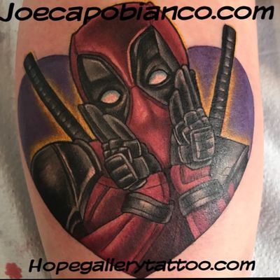 Had a bunch of fun tattooing this lil Deadpool piece today. She came in on the day of our Deadpool flash pop up last week and wasn’t able to get in that afternoon. So she came back and we whipped this one up. It’s a bit small and was difficult to get a nice shot. Thanks for lookin. #lookmomnoboobs #easyglowtattoopigments #hopegallerytattoo #hivecaps #saniderm #electrapop #Deadpool #itsafriendshipnotasponsorship