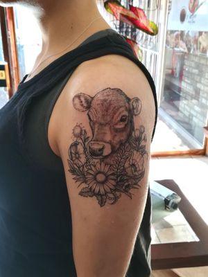 Calf and some flowers designed and inKed by K#tattoo #ink #tatttoos #worldfamousink #eikondevice #greenmonster #tattooaddictsouthafrica #moo #calf #flowers #tattoodo 