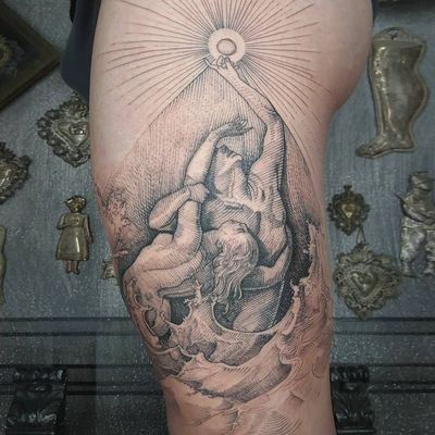 Reaching for the light. Tattoo by Marco C. Matarese #MarcoCMatarese #blackandgreytattoos #linework #illustrative #engraving #etching #light #fineline #lady #man #waves #ocean #body #renaissance