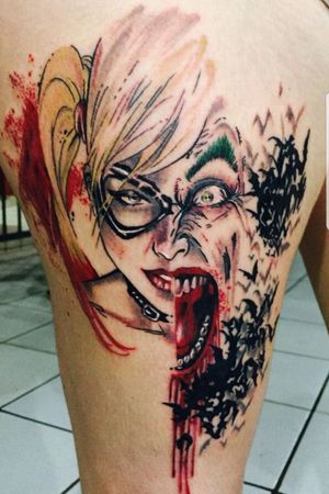 Trabalho Premiado na convencao:Tattoo Attack -Ribeirão Preto #DCTattoos #dccomics #jokertattoo #arlequina #harleyquinntattoo #coringa #watercolortattoos #watercolortattoo #watercolor 