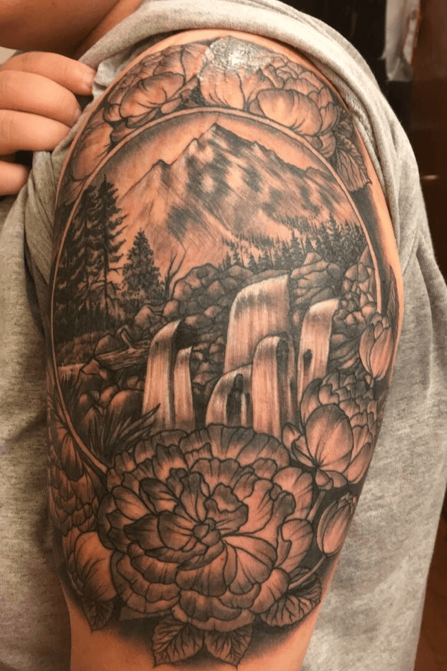 half sleeve river into waterfall tattoo