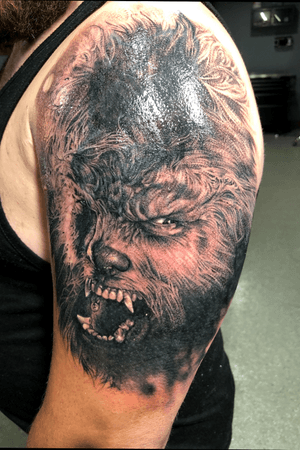Wolfman black and grey portrait cover-up half sleeve