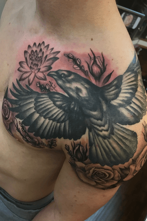 Raven tattoo, floral, lotus, roses