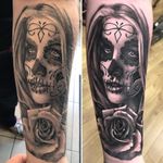 Healed and fresh day of the dead tattoo
