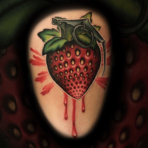 Berry bomb from about 2 yrs ago #monolithtattoo615 #strawberry #strawberrytattoo #newschooltattoo #fkirons #colorbomb #throwback #nashvilletattoo #tntattooartist #nashvilletattooshop #grenade #berrybomb #strawberryfields #besttattoo #tattoooftheday #monolith_gtattoos 