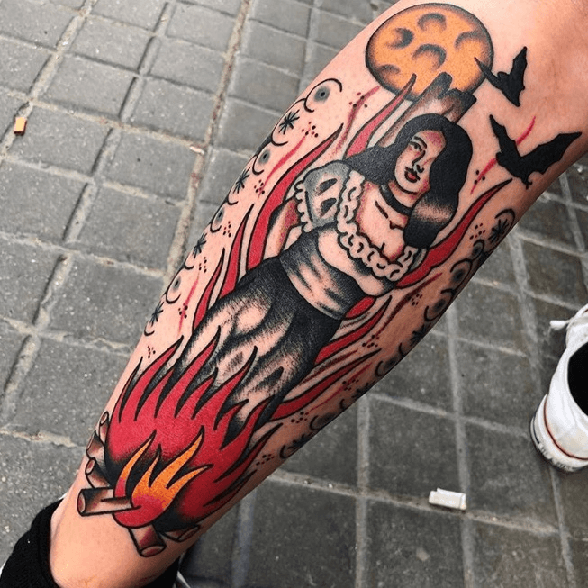Awesome blackwork tattoo witch burning at the stake on the thigh Done at  Scratchline Tattoo in Kentish Town London  Blackwork tattoo Tattoos  Body art tattoos