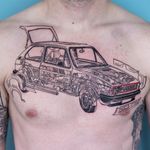 Tattoo by Oozy #Oozy #cartattoos #linework #illustrative #fineline #car #volkswagen #wheels #gears #mechanical #mechanic