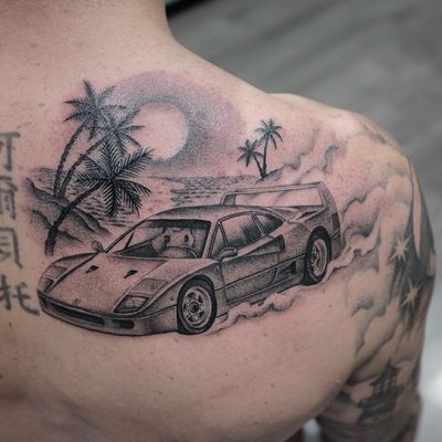 Tattoo by Simone De Masi #Simonedemasi #cartattoos #car #ferrari #sportscar #racecar #tropical #palmtrees #beach #vacation #clouds #smoke #sun #sky