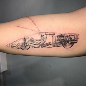 Tattoo by Mick Hee #MickHee #cartattoos #linework #fineline #illustrative #car #fastcar #sportscar #driver #racecar #mechanics #mechanical #xray