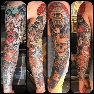 Full sleeve done at Grande Festa Tattoo Studio. Woman/dragon by Marco Sergiampietri, swallow/rose by Flavio Cannata and the whole rest by Joe Lathe.