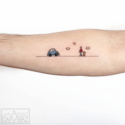 Tattoo by Ahmet Cambez #AhmetCambez #cartattoos #color #small #tiny #minimal #illustrative #car #volkswagen #family #dadtattoo #sun #clouds #landscape