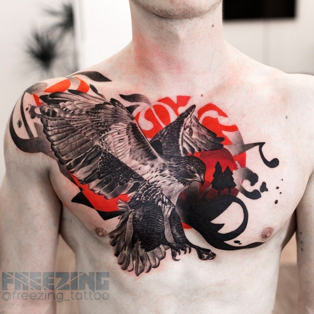 Trash polka tattoo eagle on chest  EntertainmentMesh