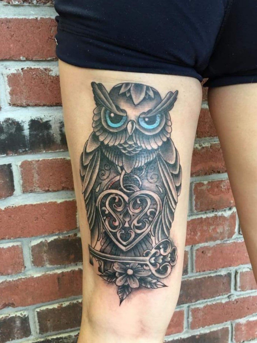 Tattoo uploaded by Jodie Leigh Aspland • Back of thigh owl, locket heart  and guarded key • Tattoodo