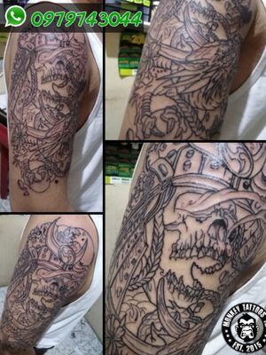 Progress! Oriental Art Tattoo Work #dragontattoo #skulltattoo #OrientalDragon #orientaltattoo #monkeytattoosec #blackworktattoo 