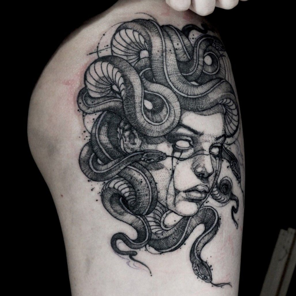 Tattoo uploaded by T Lullaby • Medusa. Instagram: 'gghost_tattooer' #medusa  #snake #snaketattoo #medusatattoo #blackandgreytattoo #blackwork  #dotworktattoo #dotwork • Tattoodo