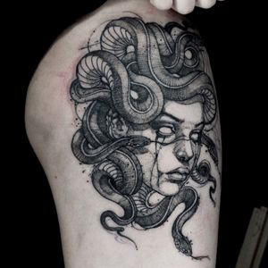 Medusa. Instagram: 'gghost_tattooer' #medusa #snake #snaketattoo #medusatattoo #blackandgreytattoo #blackwork #dotworktattoo #dotwork 