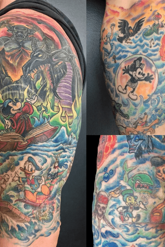 Disney character tattoo sleeve  Disney tattoos Disney characters tattoos Disney  sleeve tattoos