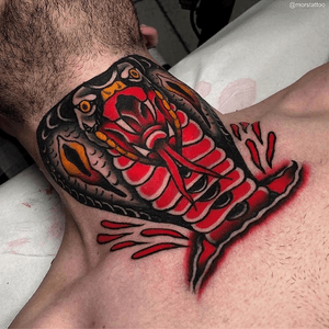 Cobra throat tattoo via Insta - morstattoo #cobra #snake #throattattoo #tattooart #tattoo #traditional #necktattoo #traditionaltattoo #TraditionalArtist #tattooartist #ink #inked #tattooed #art #artwork #morstattoo #traditionalamerican #trad #Tattoodo #artist 