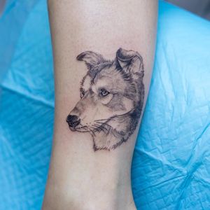 Tattoo by Oozy #Oozy #dogtattoos #linework #illustrative #dog #animal #husky #petportrait #drawing