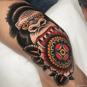 Gorilla Mandala via Insta - morstattoo #traditional #gorilla #mandala #mandalatattoo #traditionaltattoo #tattoo #tattooartist #morstattoo #TraditionalArtist #traditionalamerican #ink #kneetattoo #knee #inked #GorillaTattoo #tattoos #tattooed #color #art #artwork #Tattoodo 