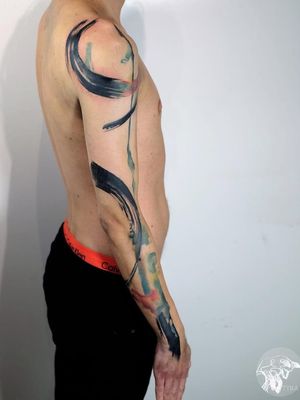 Tattoo by Tyna Majczuk #TynaMajczuk #painterly #watercolor #brushstrokes #abstract #color #blackfill #ink #splatter