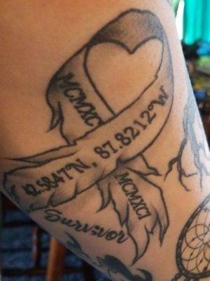 Awareness Ribbon for Child Sexual Abuse with the years in Roman numerals and the coordinates of where it happened, with survivor with a semi colon in it underneath. Done by Charline Marcila.