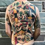 Tattoo by Dan Santoro #DanSantoro #favoritetattoos #color #abstract #cubism #bull #knife #portrait #horseshow #horse #strange #surreal #guernica #Picasso #fineart #fire #candle #backpiece #backtattoo