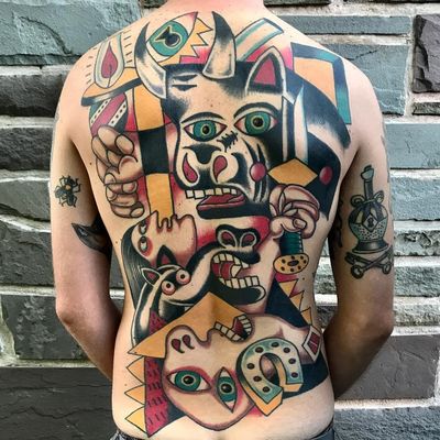 Tattoo by Dan Santoro #DanSantoro #favoritetattoos #color #abstract #cubism #bull #knife #portrait #horseshow #horse #strange #surreal #guernica #Picasso #fineart #fire #candle #backpiece #backtattoo