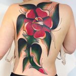 Tattoo by Marcin Aleksander Surowiec #MarcinAleksanderSurowiec #surowiec #favoritetattoos #color #traditional #rose #flower #floral #backpiece #backtattoo #leaves #thorns #nature