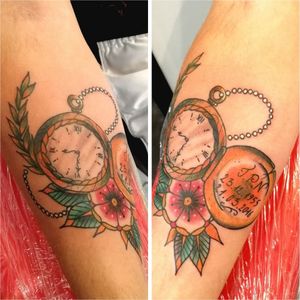 Traditional watch. #tattooart #tattoos #tattoo #traditionaltattoo #watchtattoo #clocktattoo #flowertattoos #ddlvtattoo 