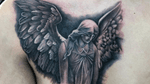 Angel tattoo #blackandgrey #realism #statue #angel #wings #femaletattooartist 