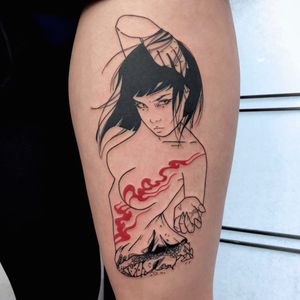 Tattoo by Silly Jane #SillyJane #favoritetattoos #linework #illustrative #blackwork #redink #anime #lady #portrait #fire #broken #girl