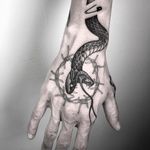 Tattoo by Nathan Kostechko #NathanKostechko #favoritetattoos #snake #blackandgrey #barbedwire #reptile #fangs #safetypin #animal #handtattoo