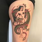 Tattoo by Olivia Dawn #OliviaDawn #favoritetattoos #color #traditional #Japanese #lady #pinup #dragon #mythicalcreature #folklore #legend