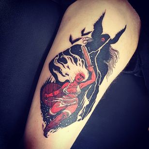 Tattoo by Onnie O'Leary #OnnieOLeary #newschool #color #illustrative #comicbook #scifi #surrealistic #strange #graphic #popart #warrior #sword #media #iceage #monster #babe #lady #bat #viking