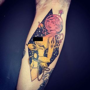 Tattoo by Onnie O'Leary #OnnieOLeary #newschool #color #illustrative #comicbook #scifi #surrealistic #strange #graphic #popart #spaceman #astronaut #space #spaceship #gun #babe #lady