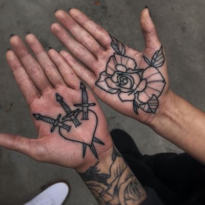 Tattoo by Mark Walker #MarkWalker #palmtattoos #blackwork #linework #palm #illustrative #rose #leaves #flower #floral #heart #swords #threeofswords #knife